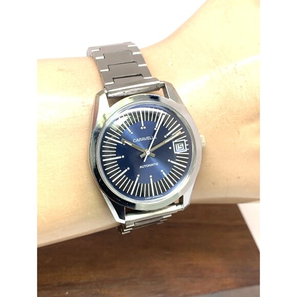 Caravelle Men's Watch 1970'S Vintage Automatic Blue Dial Date Silver Steel 36mm - Picture 11 of 14